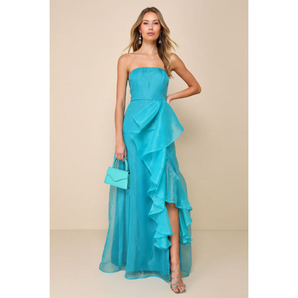 Lulus Exquisite Ease Teal Green Organza Strapless Ruffled Maxi Dress - Size S